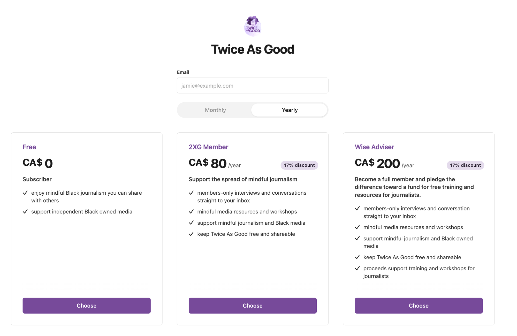 Three tiers of membership are shown on the website when you sign up.